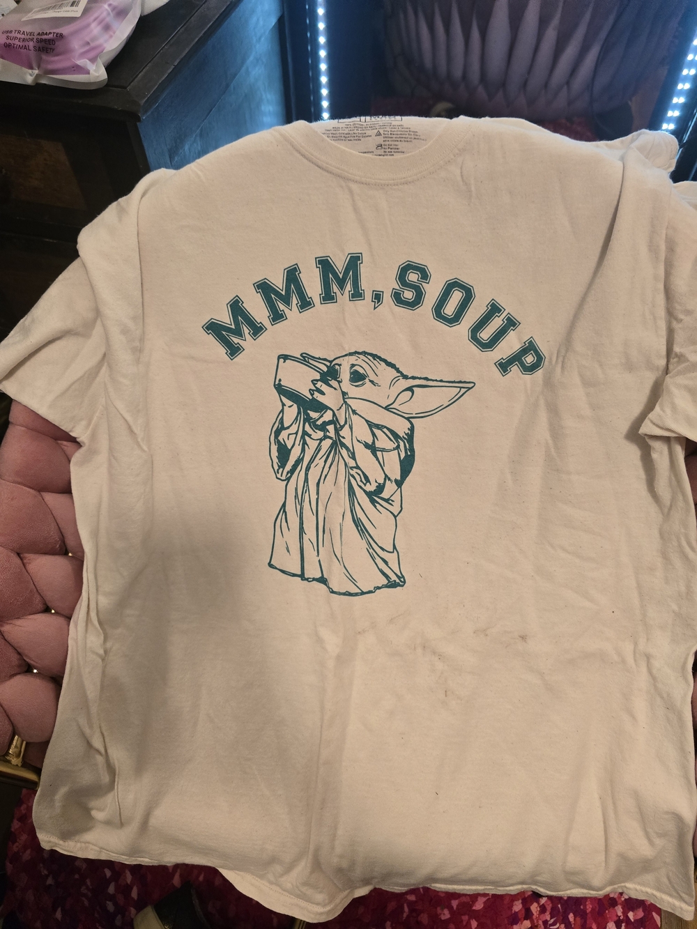 Star Wars White T‑Shirt with Teal Baby Yoda 'MMM, SOUP' Graphic